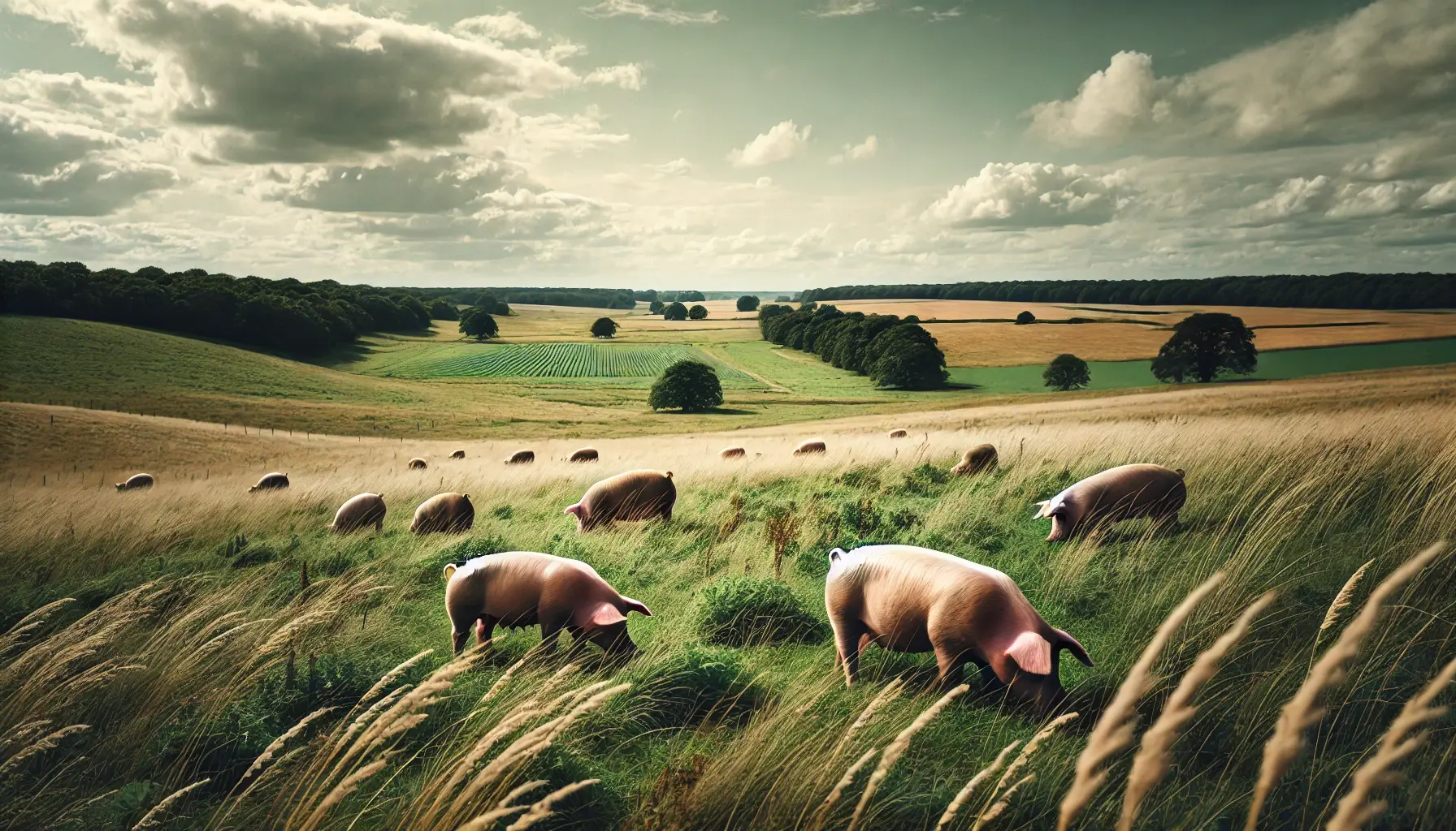 広い草原で放牧されている豚の群れ