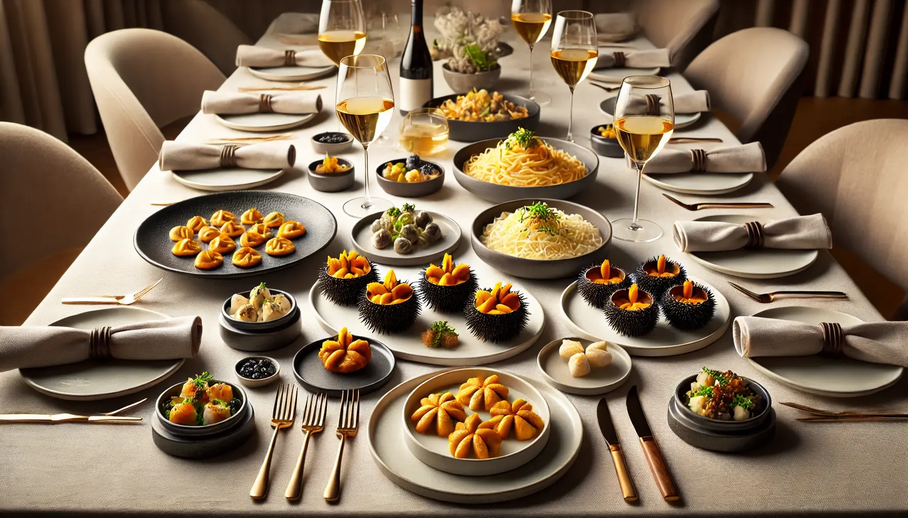 ウニを使った料理が複数、テーブルに並んでいる