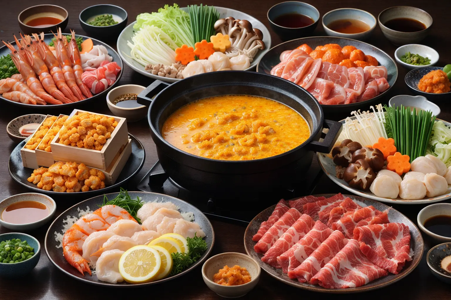 うにしゃぶのコース料理がテーブルに並んでいる