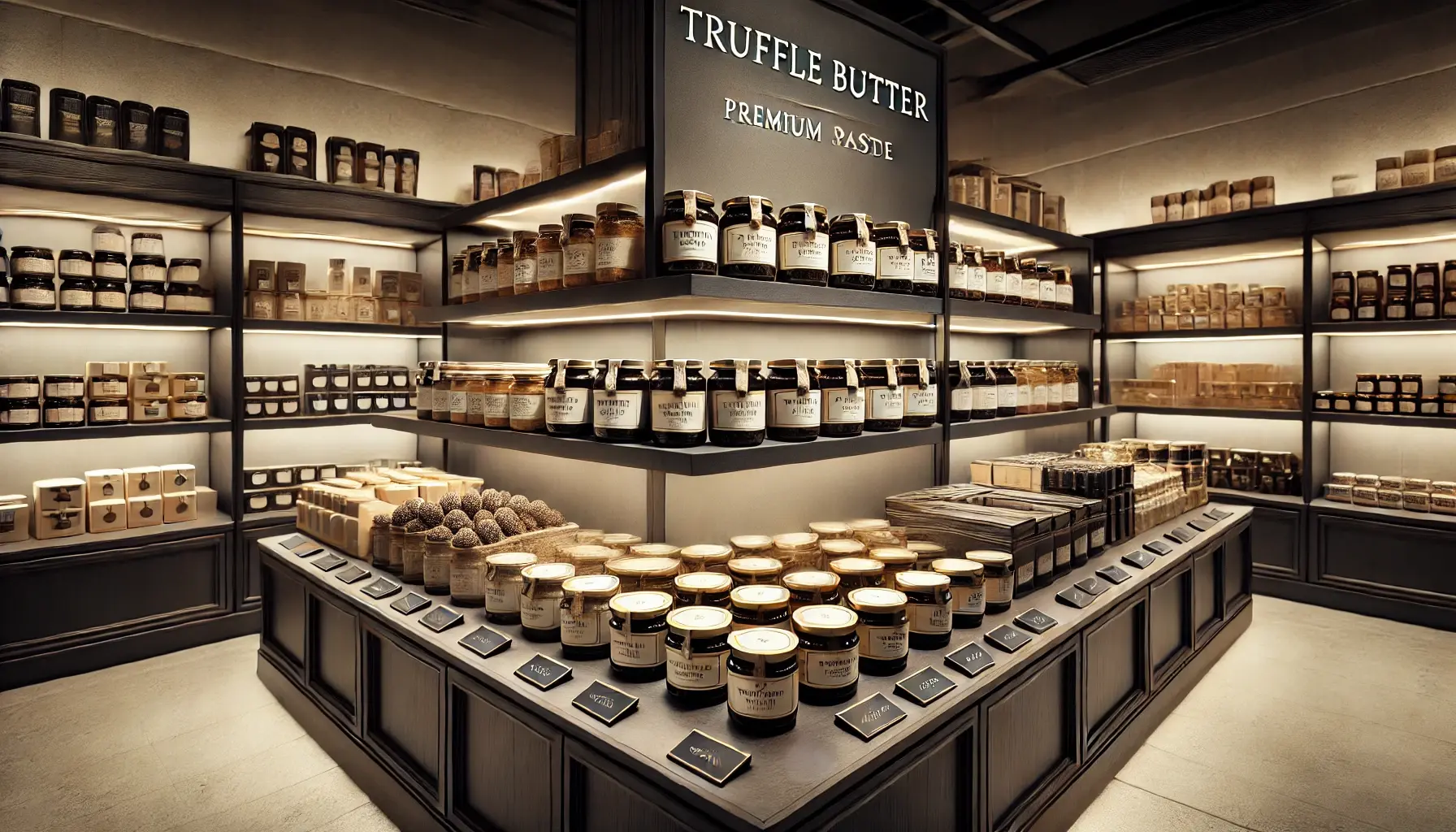 瓶入りのトリュフバターなどを扱う食品売り場