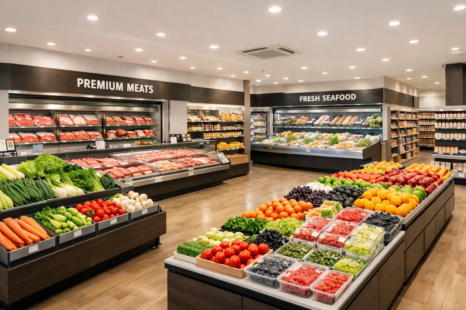 高品質な食材を販売するスーパーマーケットの店内