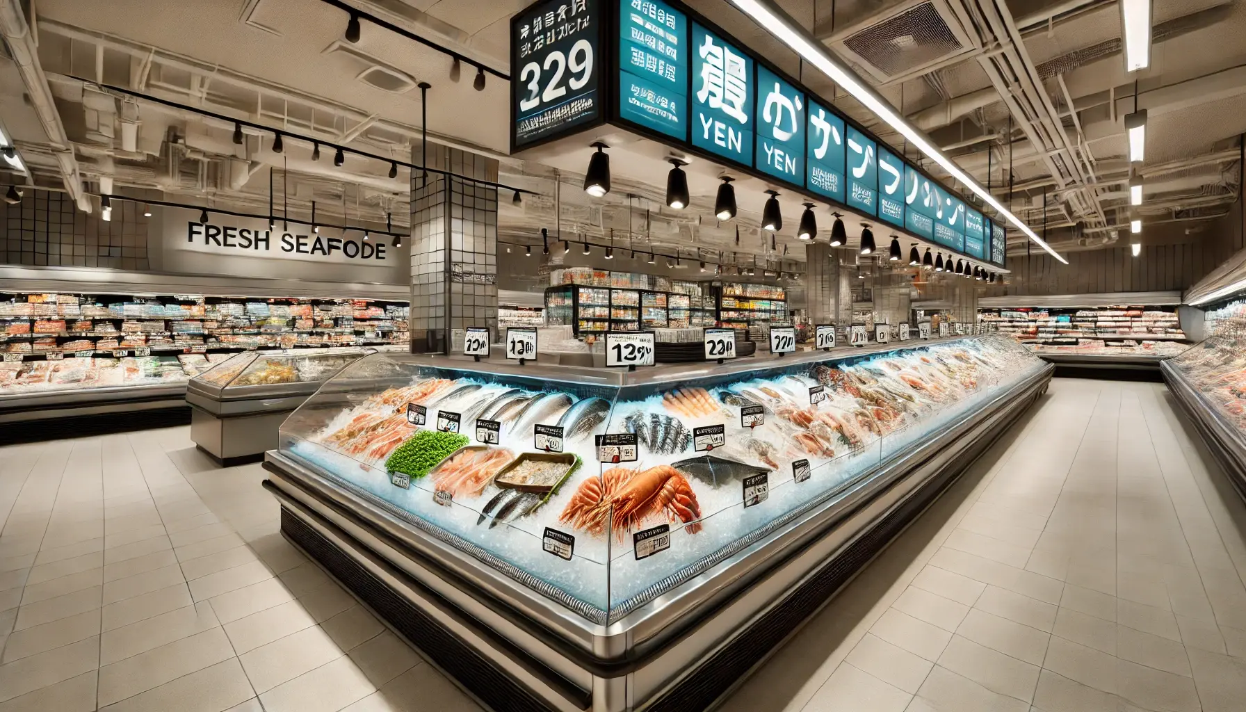 スーパーマーケット店内の魚貝類コーナー
