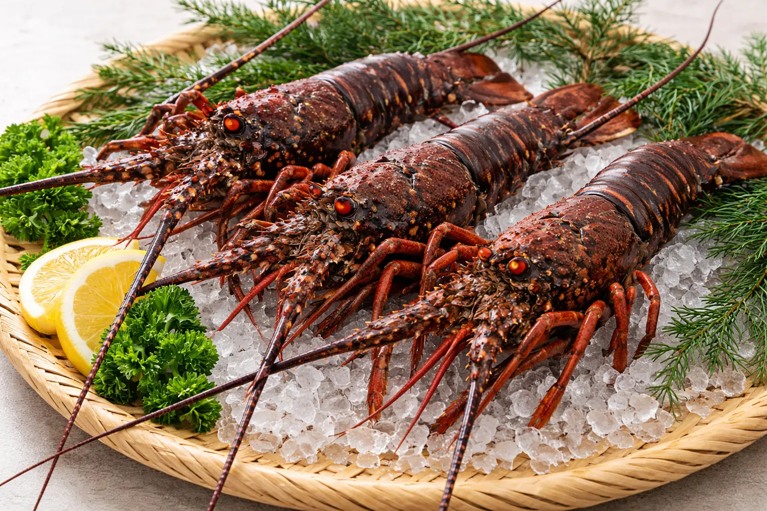 調理前の新鮮な伊勢海老が3尾