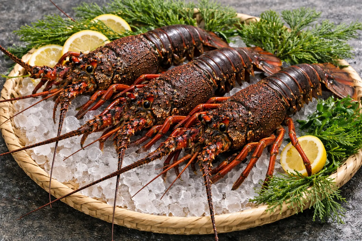 調理前の新鮮な伊勢海老が3尾