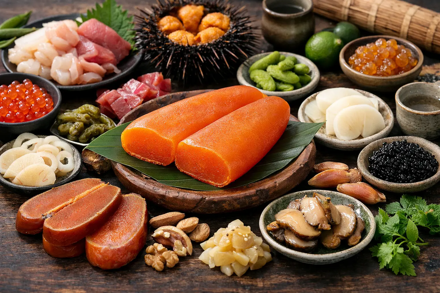 からすみを中心とした食材群