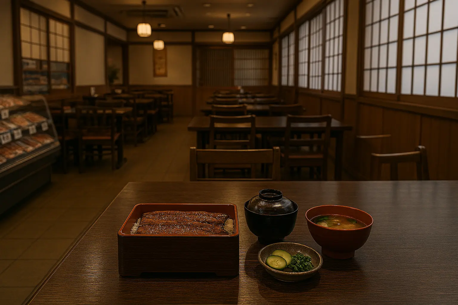 飲食店でうな重がテーブルに置かれている
