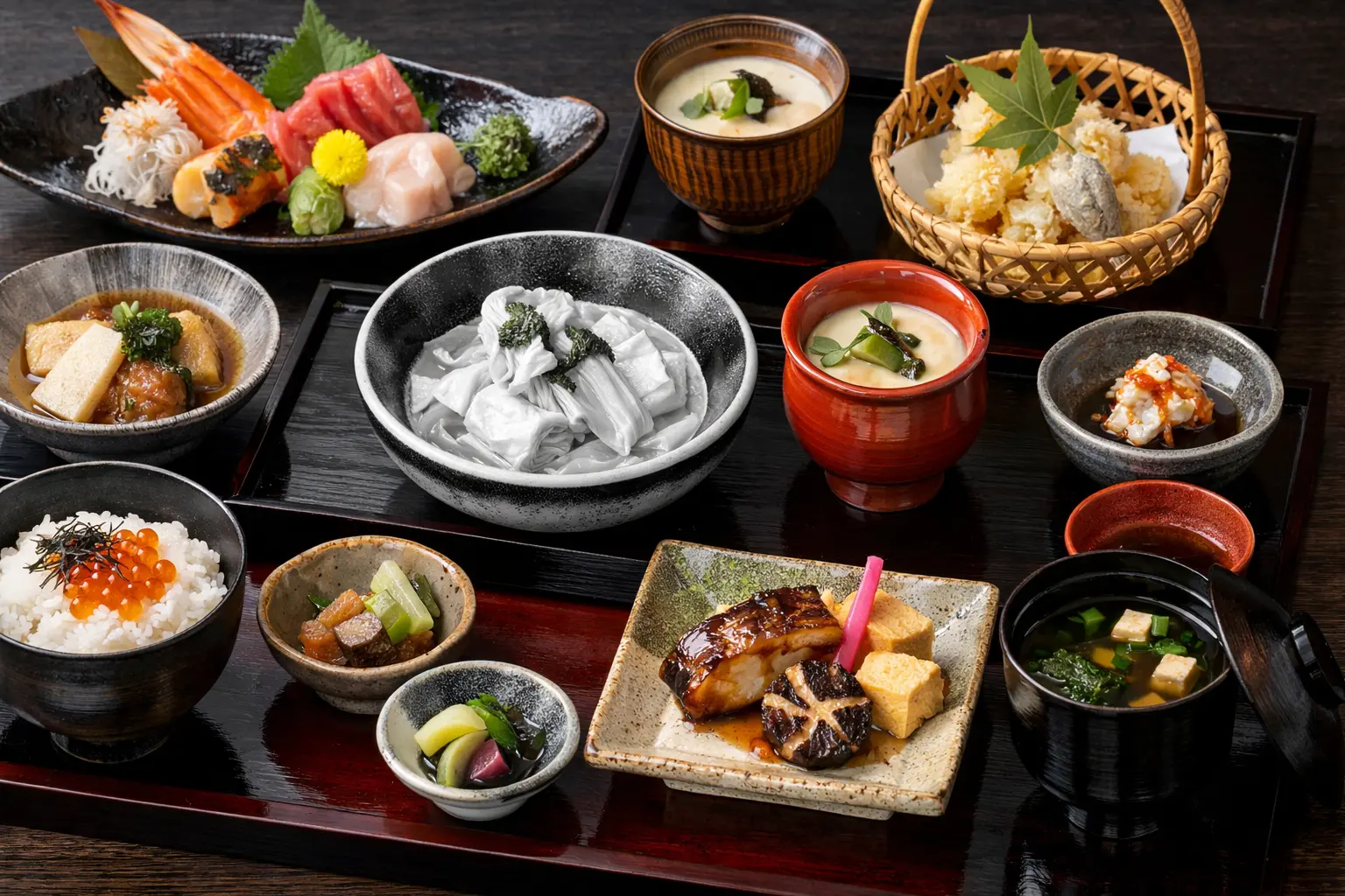 湯葉料理を含む和食の御前(湯葉料理のみモノクロに加工)