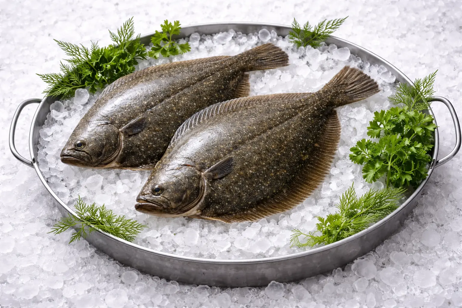 調理前の氷で保冷されたヒラメ2尾