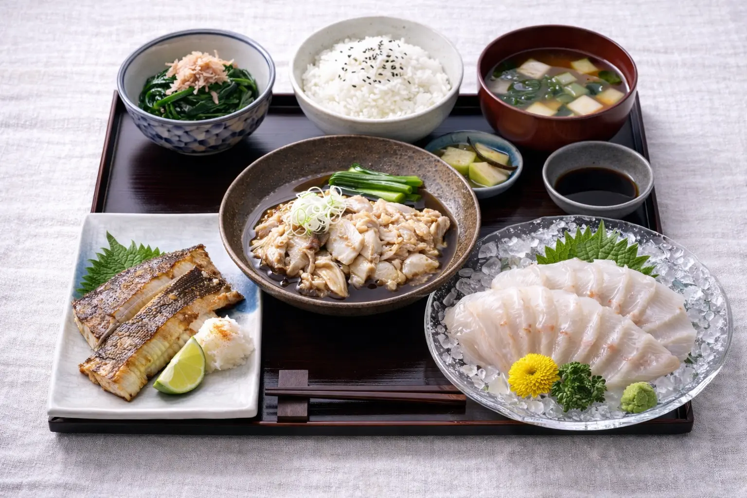 ヒラメ料理（刺身・塩焼きなど）を含む御前