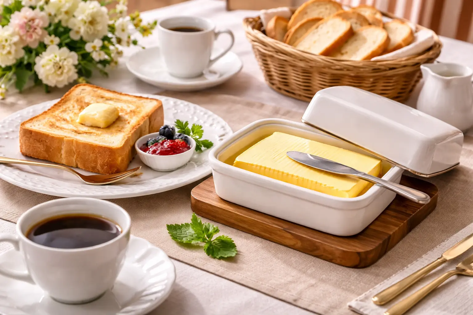 ダイニングテーブルの上にバターとトーストとコーヒー