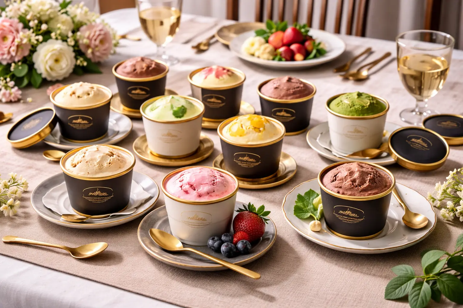 複数の高級カップアイスがテーブルに配置