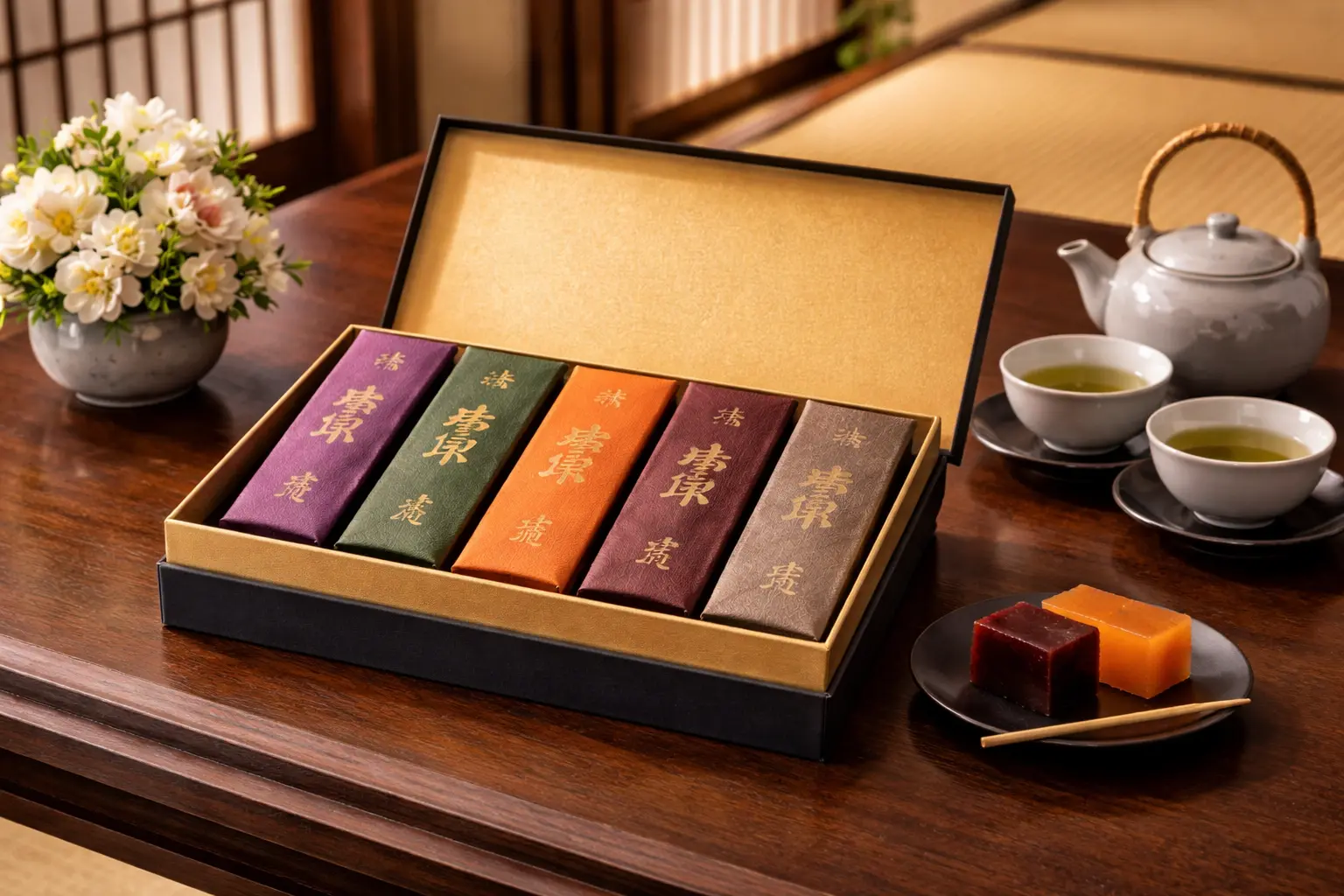 料亭のテーブルの上に羊羹の詰め合わせ