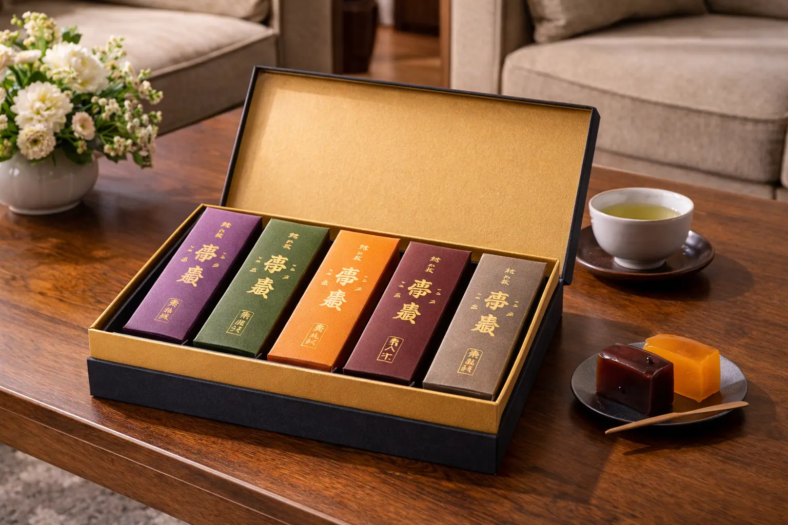 応接セットのテーブルの上に羊羹の詰め合わせ