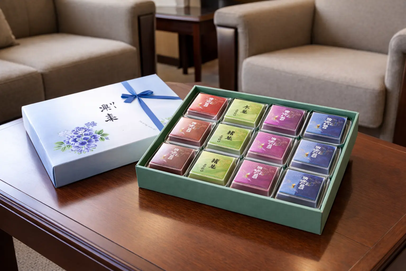 応接セットのテーブルの上に水羊羹の詰め合わせ