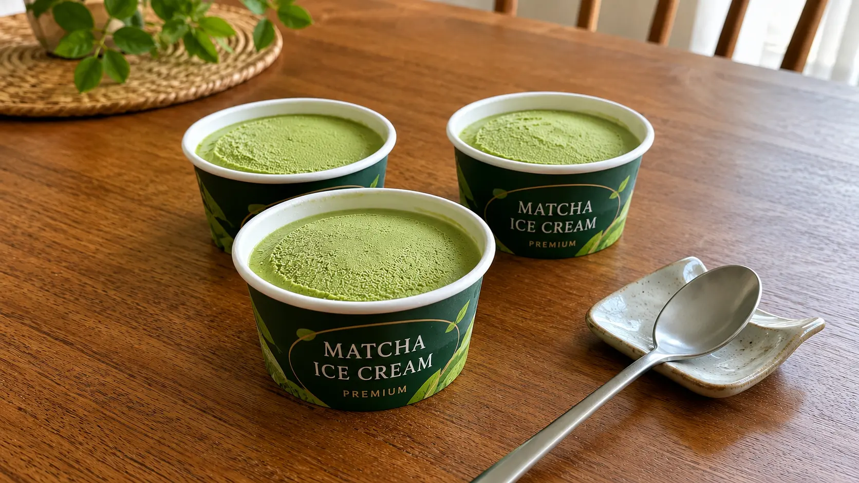 抹茶のカップアイスがダイニングテーブルの上に3個、置かれている